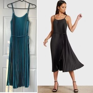 NWT Sam Edelman Satin Plisse Tie pleated Dress in teal , industrial green Size M